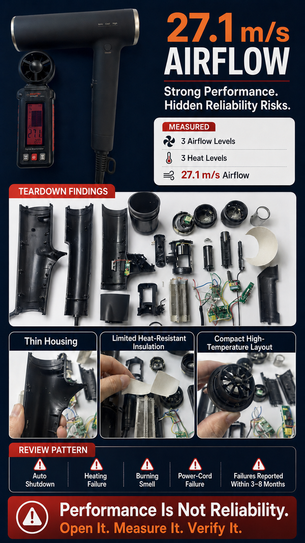 High-Speed Hair Dryer Teardown: Why 27.1 m/s Airflow Was