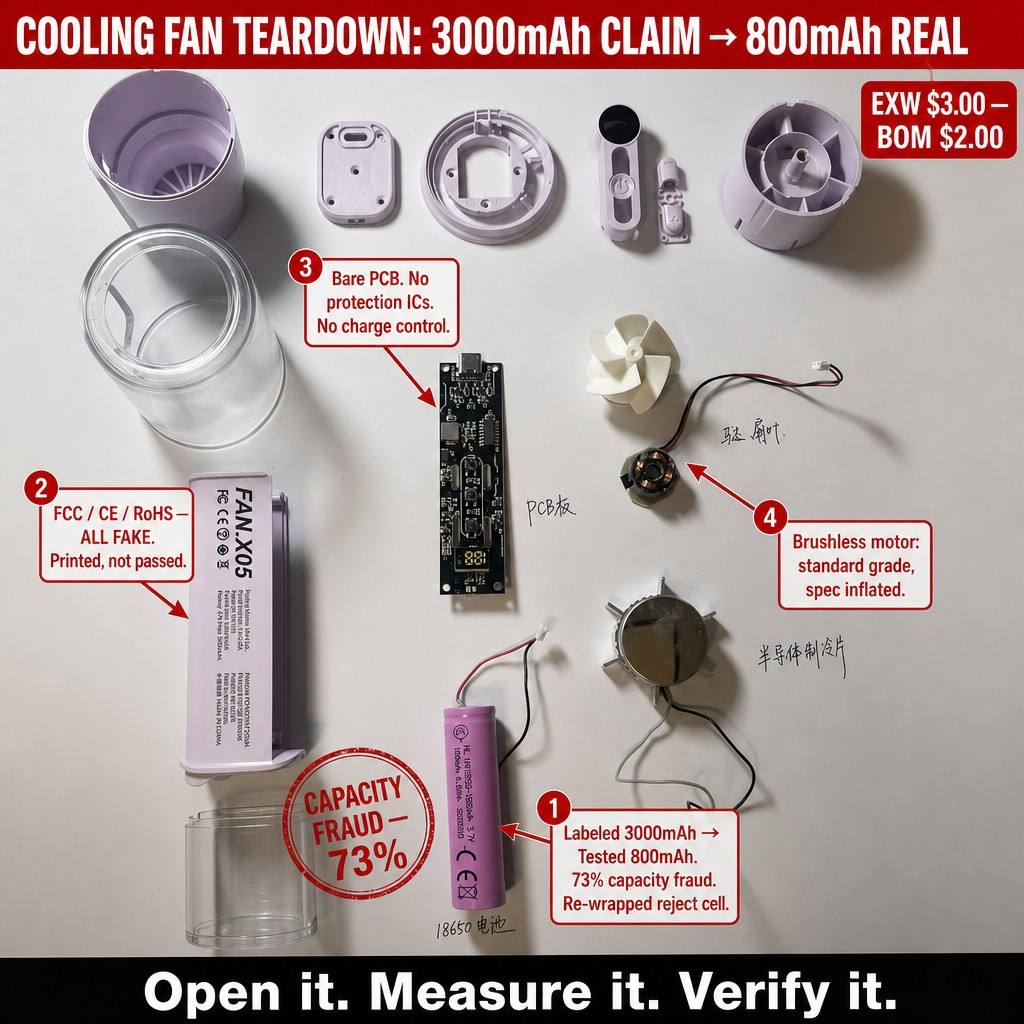 Cooling Fan Teardown: $3 EXW Fan Labeled 3000mAh, Tested at 800mAh — 73% Battery Capacity Fraud