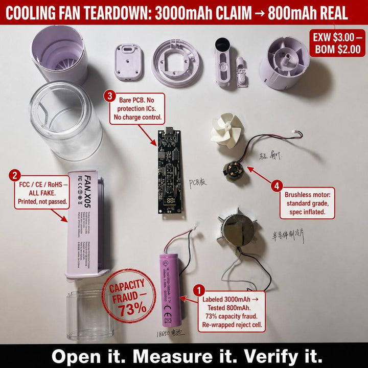 Cooling Fan Teardown: $3 EXW Fan Labeled 3000mAh, Tested