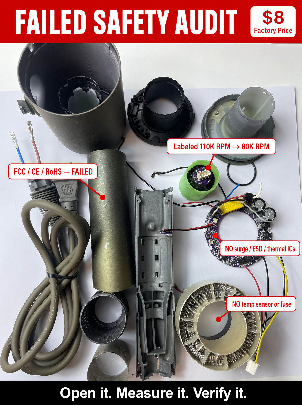 High-Speed Hair Dryer Teardown: $8 Factory Price, 4 Critical Safety Failures