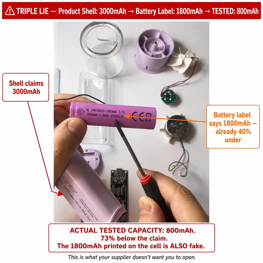 18650 cell in hand — shell claims 3000mAh, cell label says 1800mAh, discharge test measured 800mAh
