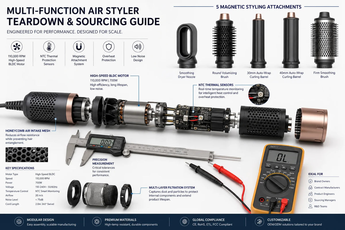 Multi-function air styler teardown showing the BLDC motor, control PCB, thermal sensors, air intake filter, and magnetic styling attachments.