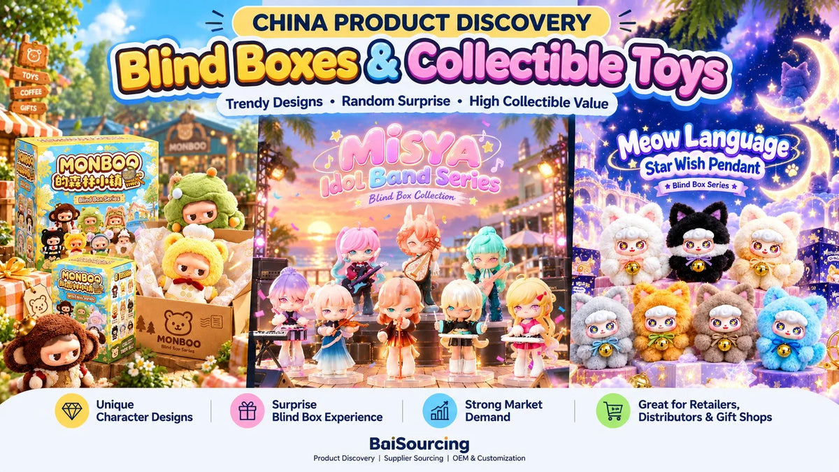 Blind box plush collectibles for wholesale sourcing from China featuring Monboo, Misya, and Meow Language series