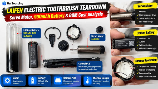 Laifen electric toothbrush teardown showing the servo motor, 900mAh 3.8V battery, control PCB, thermal protection assembly, and internal mechanical chassis.