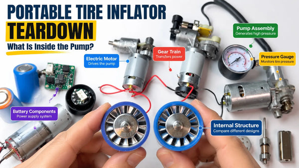 Portable Tire Inflator Teardown showing disassembled electric motor, gear train, pump assembly, pressure gauge, battery components, and impellers.