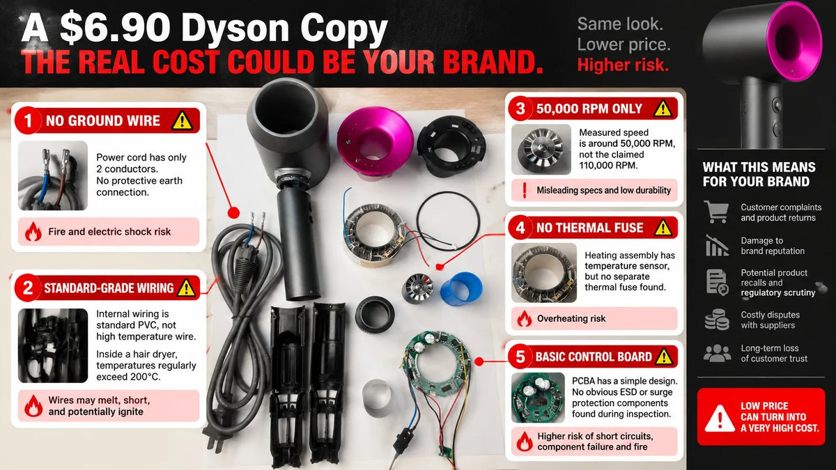 Teardown of a low-cost hair dryer highlighting power cord configuration, internal wiring, motor performance, heating protection and control board verification points.