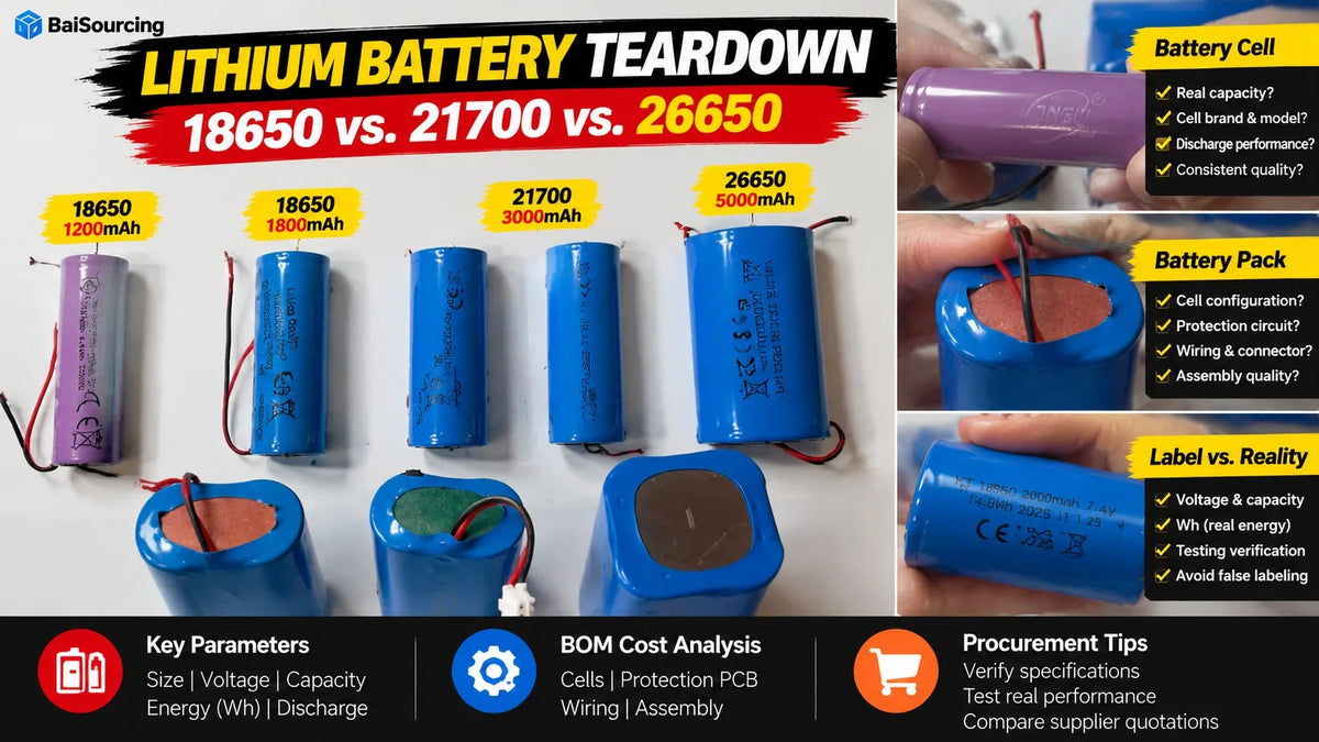 Lithium battery teardown comparison showing 18650 (1200mAh/1800mAh), 21700 (3000mAh), 26650 (5000mAh), and assembled battery packs.