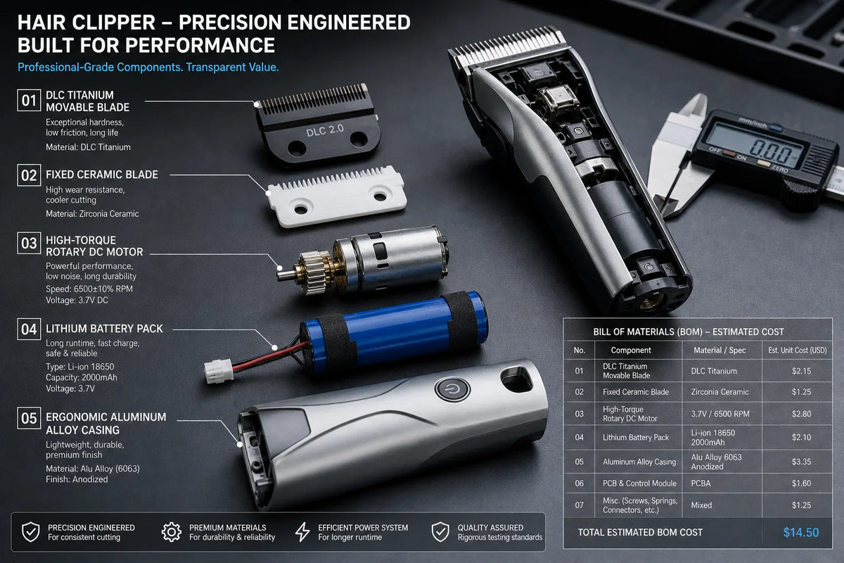Hair clipper teardown showing moving and fixed blades, rotary DC motor, lithium-ion battery, aluminum alloy housing, PCB control module, and estimated BOM costs.