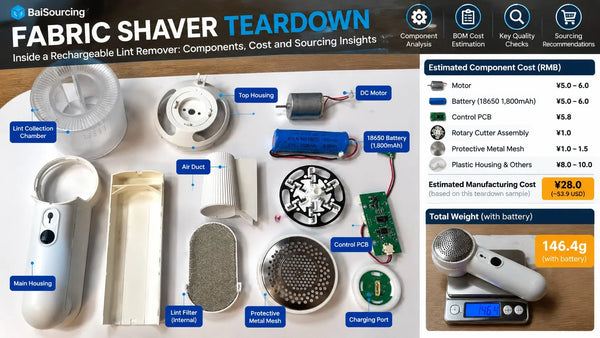 Fabric shaver teardown showing motor, 18650 battery, control PCB, rotary cutter, protective mesh, plastic housing, and 146.4g total weight on digital scale.