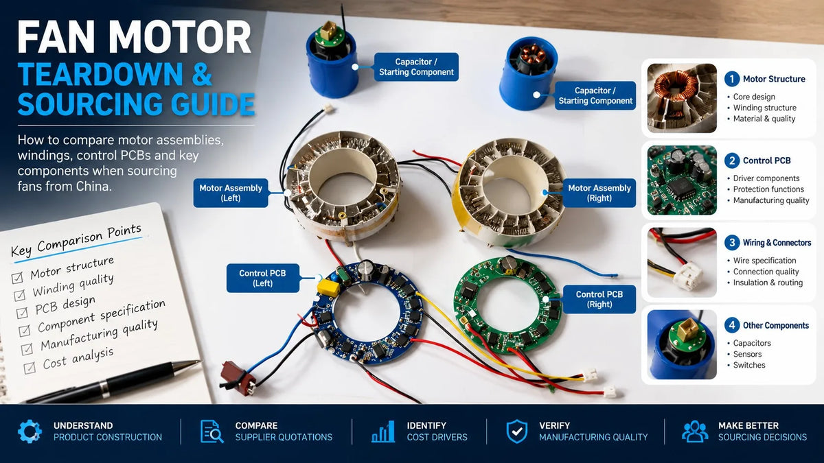 Fan motor teardown comparison showing two ring-shaped motor assemblies, winding structures, circular control PCBs, electrical wiring, and connectors.