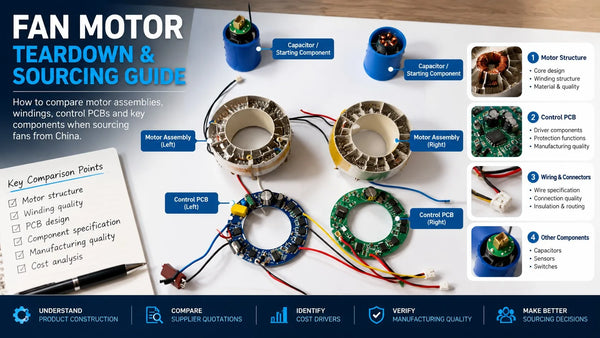 Fan motor teardown comparison showing two ring-shaped motor assemblies, winding structures, circular control PCBs, electrical wiring, and connectors.