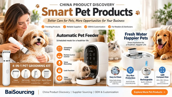 Smart pet products from China including automatic pet feeders, 4-in-1 grooming kits, and fresh water fountains