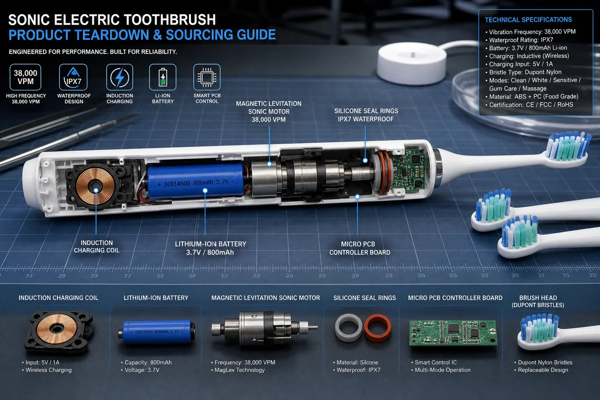 Sonic electric toothbrush teardown showing the motor, lithium-ion battery, inductive charging coil, PCB controller, silicone seals, and replaceable brush heads.