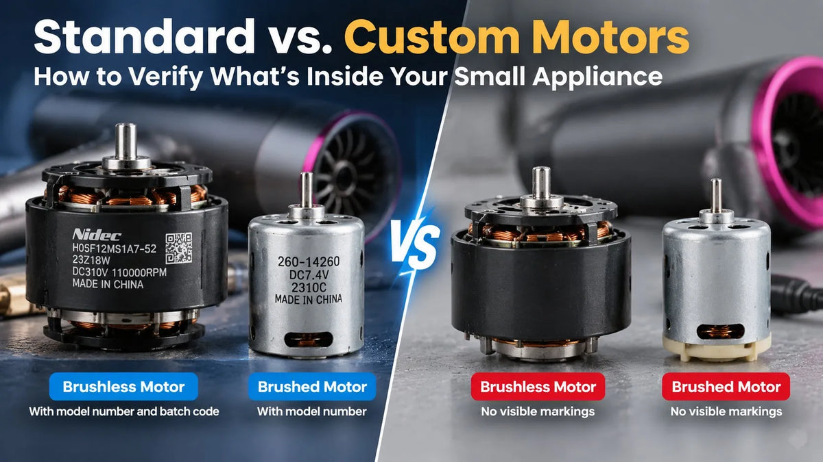 Standard vs. Custom Motors comparison infographic showing marked brushless/brushed motors versus unmarked motors in small appliances.