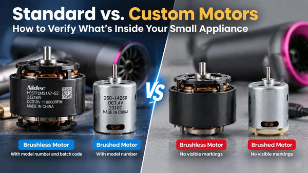 Standard vs. Custom Motors comparison infographic showing marked brushless/brushed motors versus unmarked motors in small appliances.