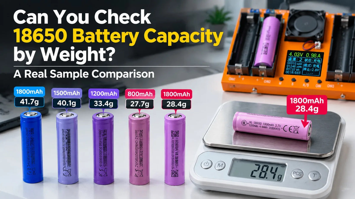 Can You Check 18650 Battery Capacity by Weight? Five 18650 battery samples with different labeled capacities beside a digital scale.