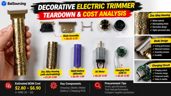 Decorative electric trimmer teardown showing zinc alloy electroplated housing, blade assembly, DC motor, 18650 battery, USB-C charging PCB, and estimated BOM cost breakdown.