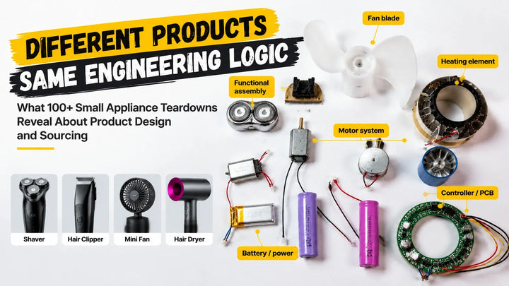 Disassembled components from small appliances, including motors, batteries, a heating element, fan blades, and a control PCB.