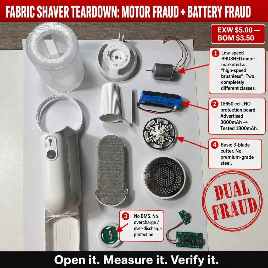 Fabric Shaver Teardown: $5 EXW — Brushed Motor Sold as Brushless, 3000mAh Advertised, 1800mAh Real