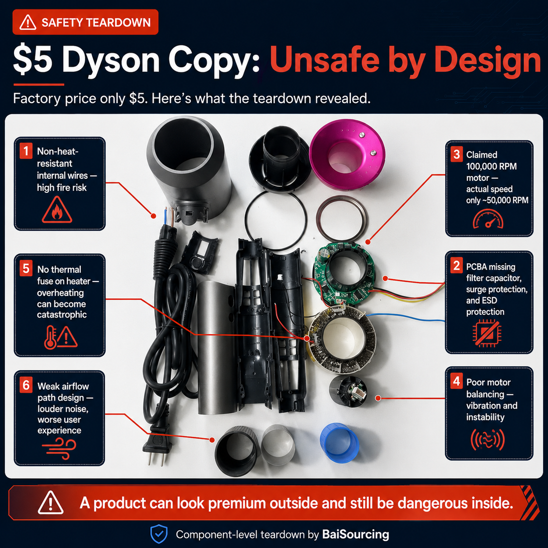 $5 Dyson Copy Hair Dryer Teardown: 6 Hidden Safety & BOM Risks