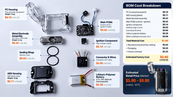 Rechargeable Electric Arc Lighter Component Teardown and Full BOM Cost Breakdown