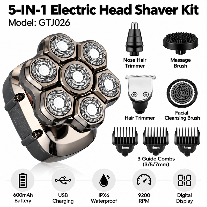 5-in-1 Electric Head Shaver & Grooming Kit (Model: GTJ026)